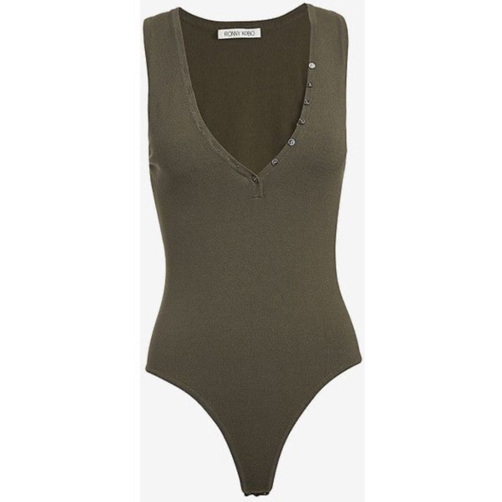 Ronny Kobo Henley Bodysuit in Olive Army Green